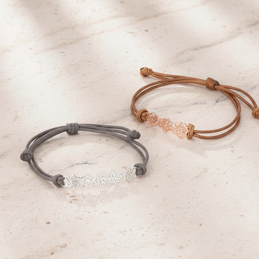 Combined Birth Flower Leather Bracelet