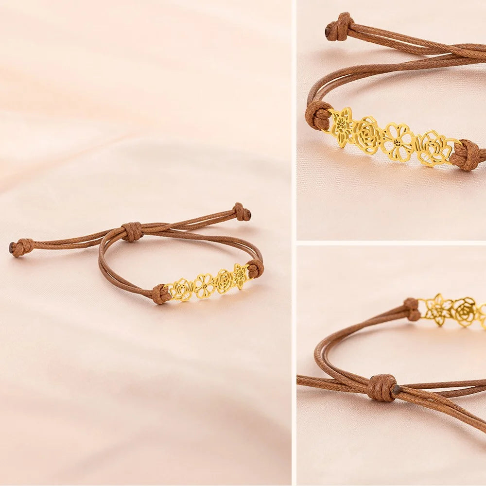 Combined Birth Flower Leather Bracelet