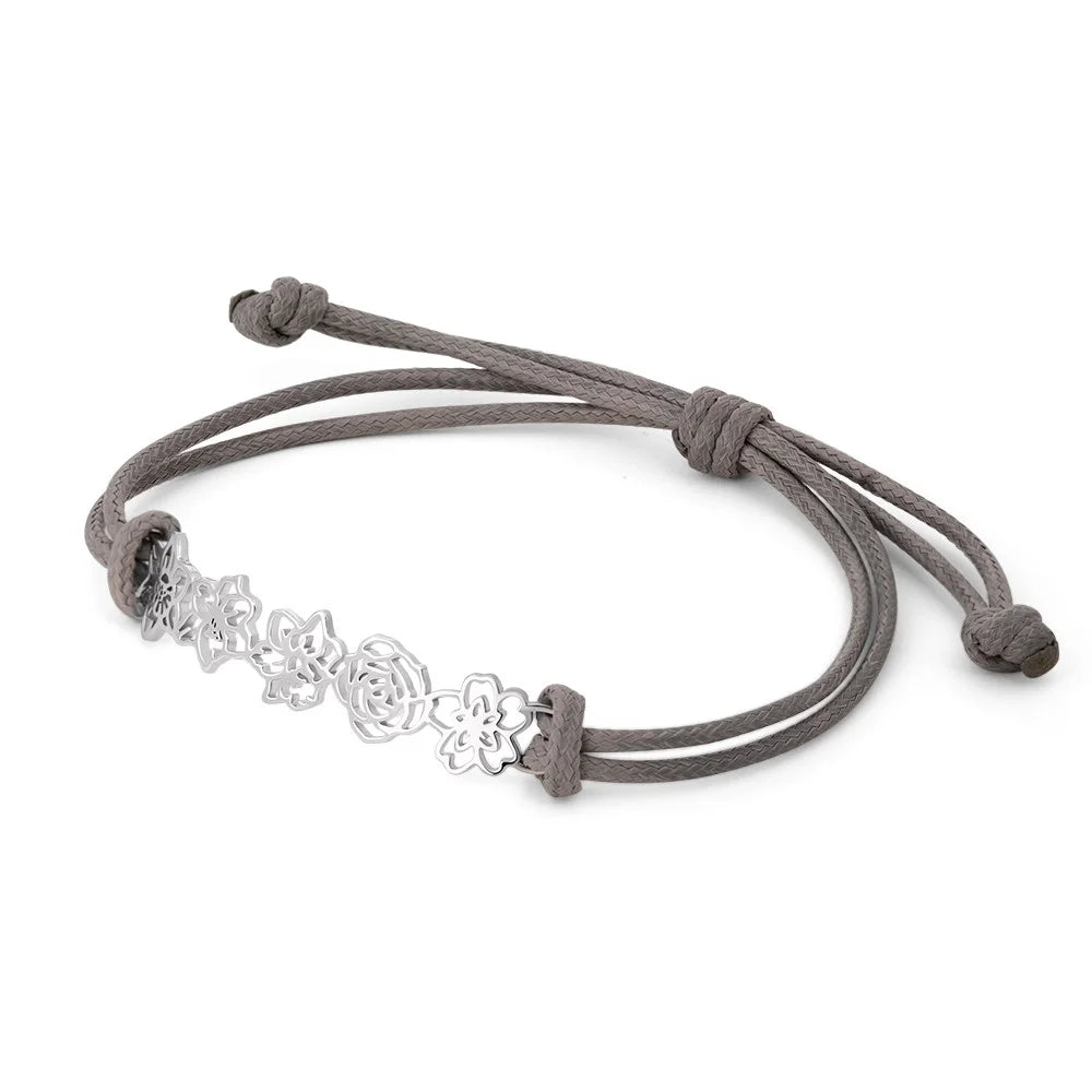 Combined Birth Flower Leather Bracelet