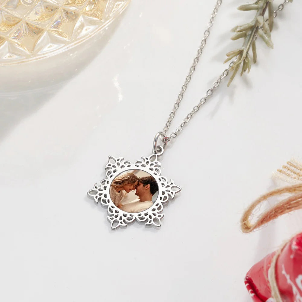Custom Engraved Snowflake Photo Necklace