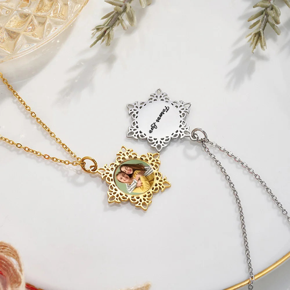 Custom Engraved Snowflake Photo Necklace