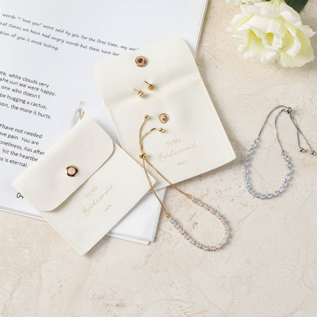 Bridesmaids Adjustable Diamond Bracelet with Personalized Pouch SET