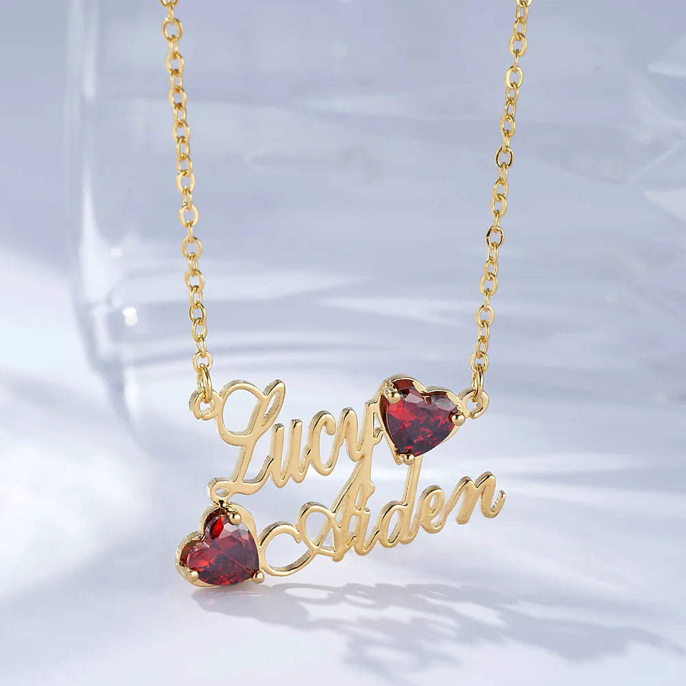 Custom Double Names & Heart Birthsones Necklace