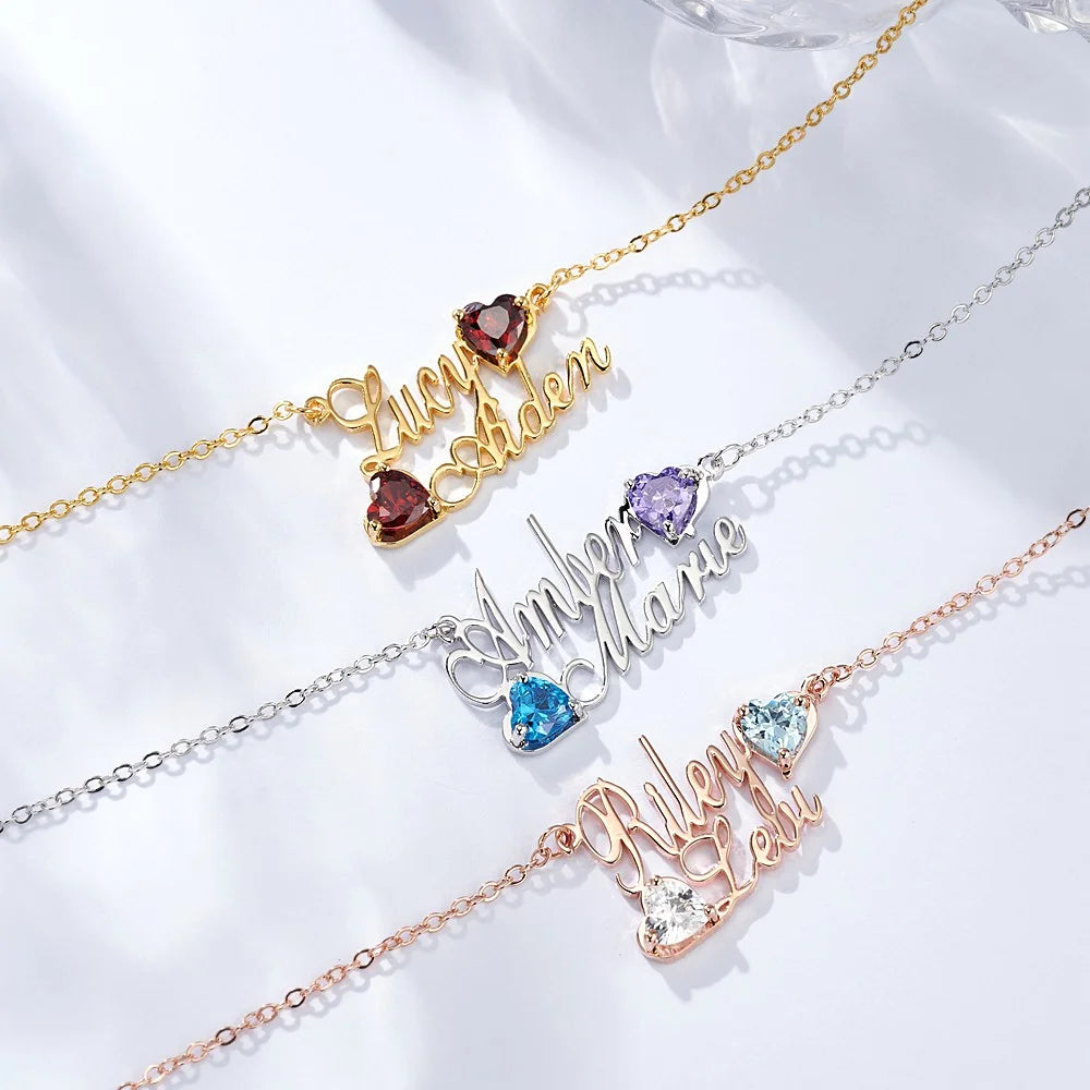 Custom Double Names & Heart Birthsones Necklace