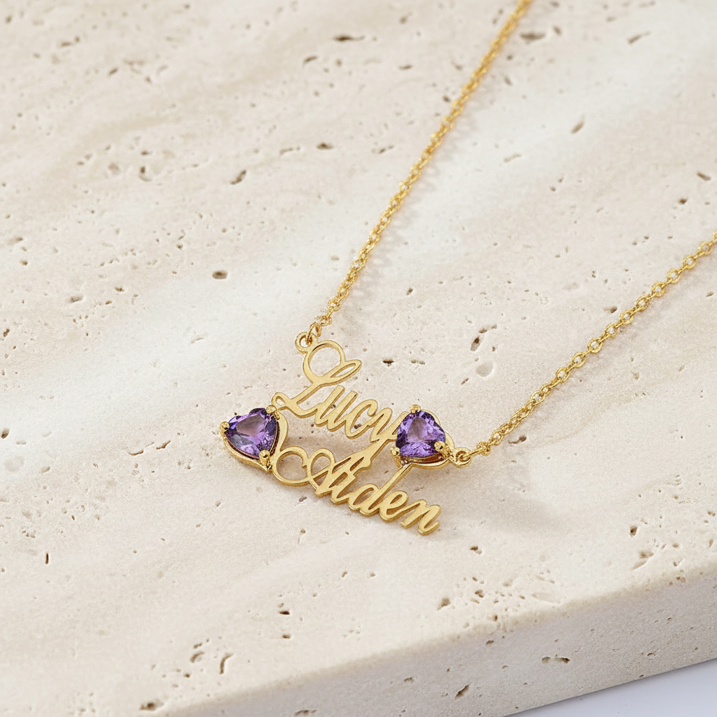 Custom Double Names & Heart Birthstones Necklace
