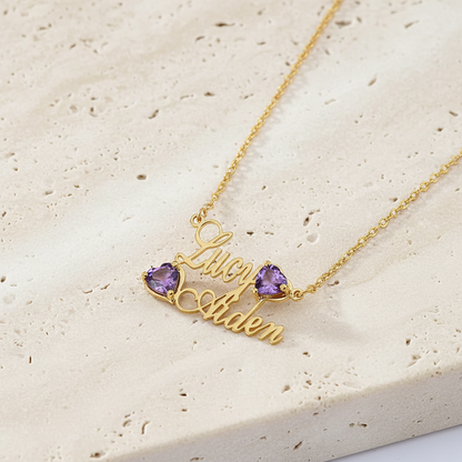 Custom Double Names & Heart Birthstones Necklace