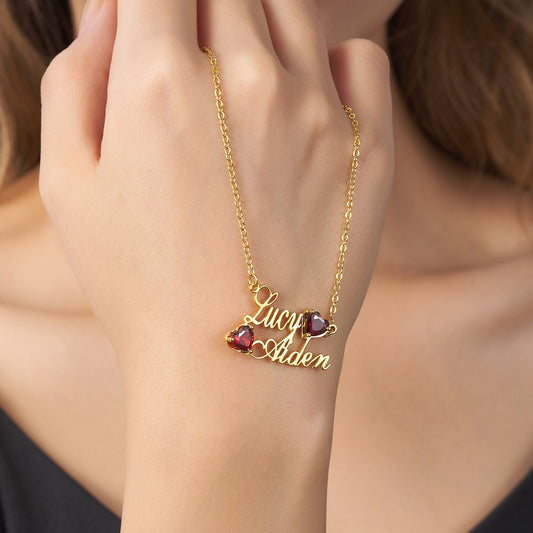 Custom Double Names & Heart Birthsones Necklace