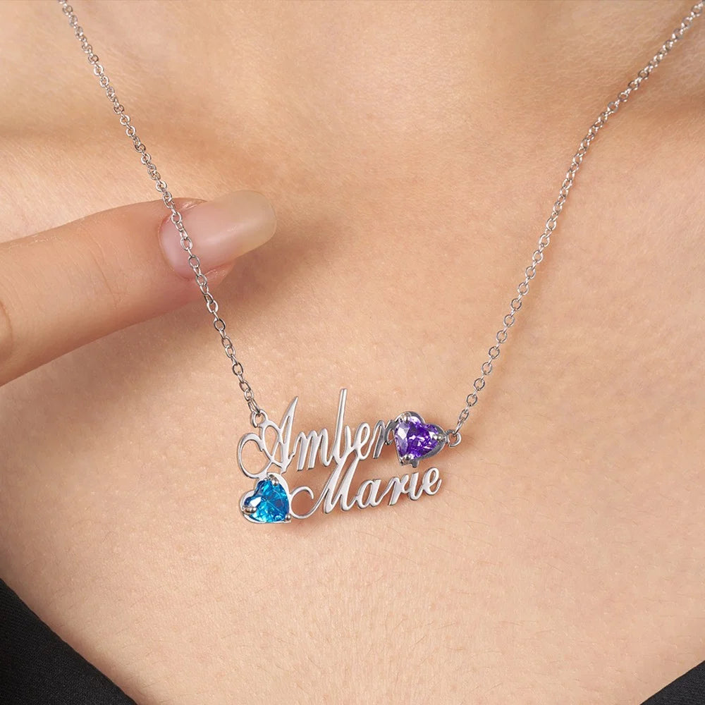 Custom Double Names & Heart Birthsones Necklace