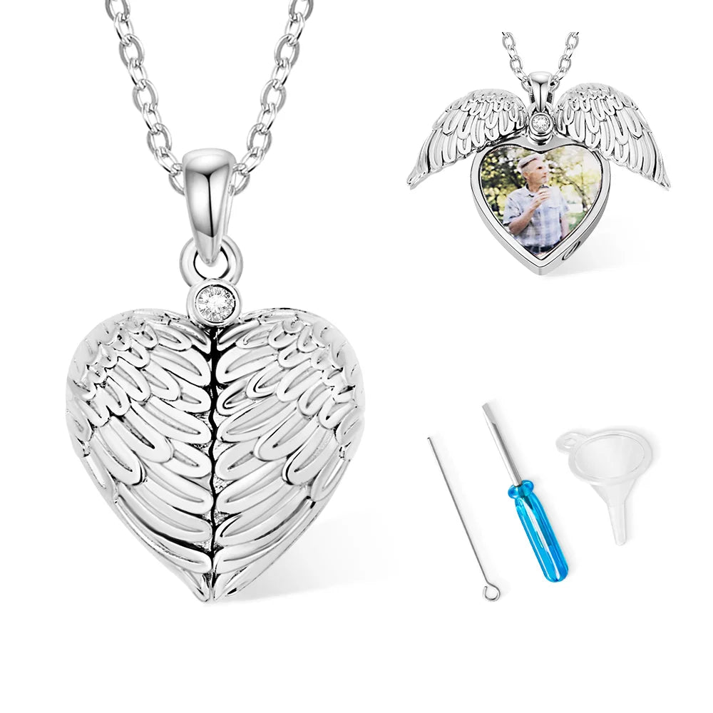Engraved Angel Wings Photo Locket Urn Necklace