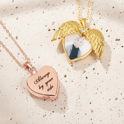 Engraved Angel Wings Photo Locket Urn Necklace