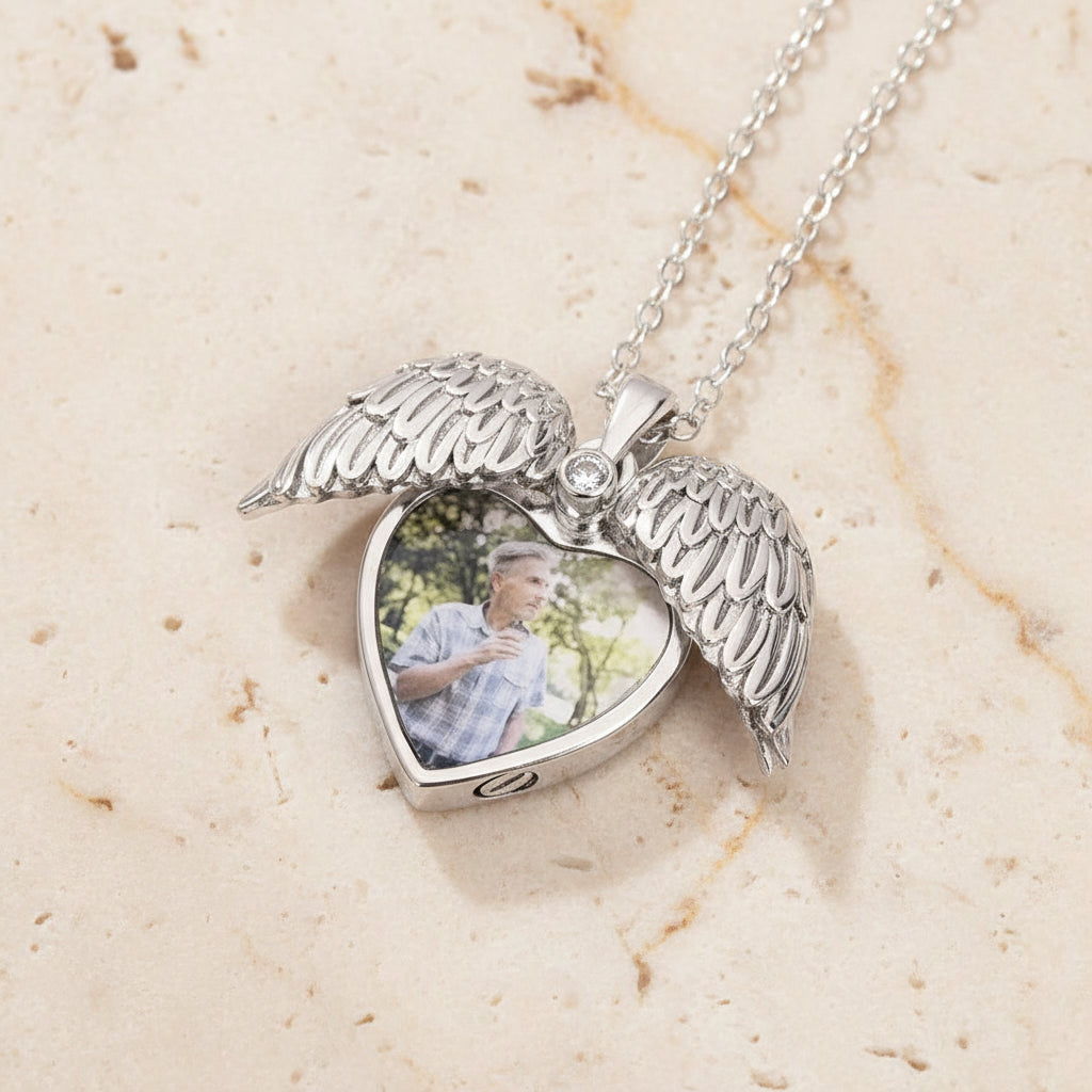 Engraved Angel Wings Photo Locket Urn Necklace