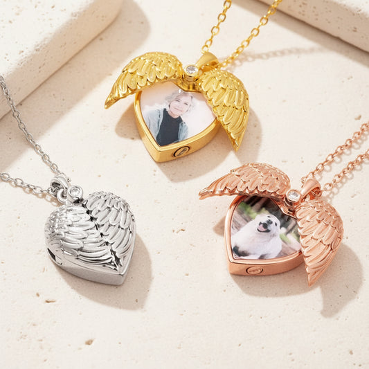 Engraved Angel Wings Photo Locket Urn Necklace