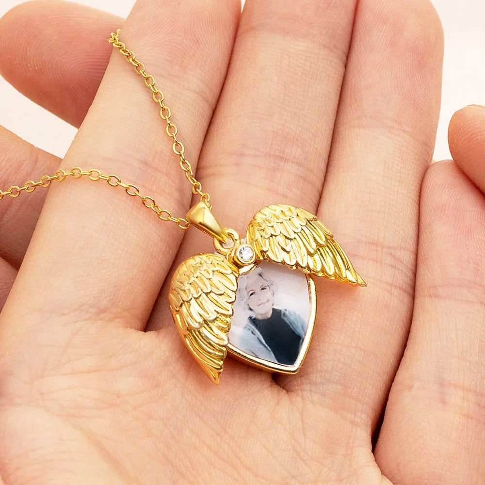 Engraved Angel Wings Photo Locket Urn Necklace