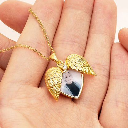 Engraved Angel Wings Photo Locket Urn Necklace
