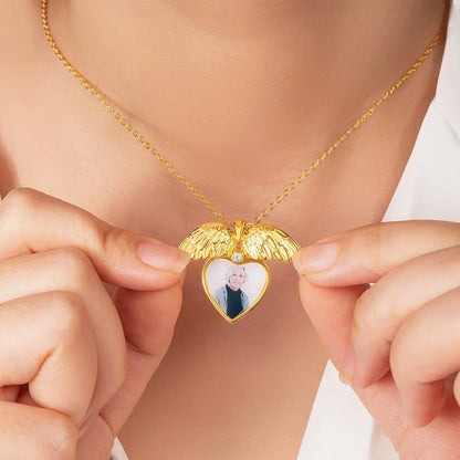 Engraved Angel Wings Photo Locket Urn Necklace