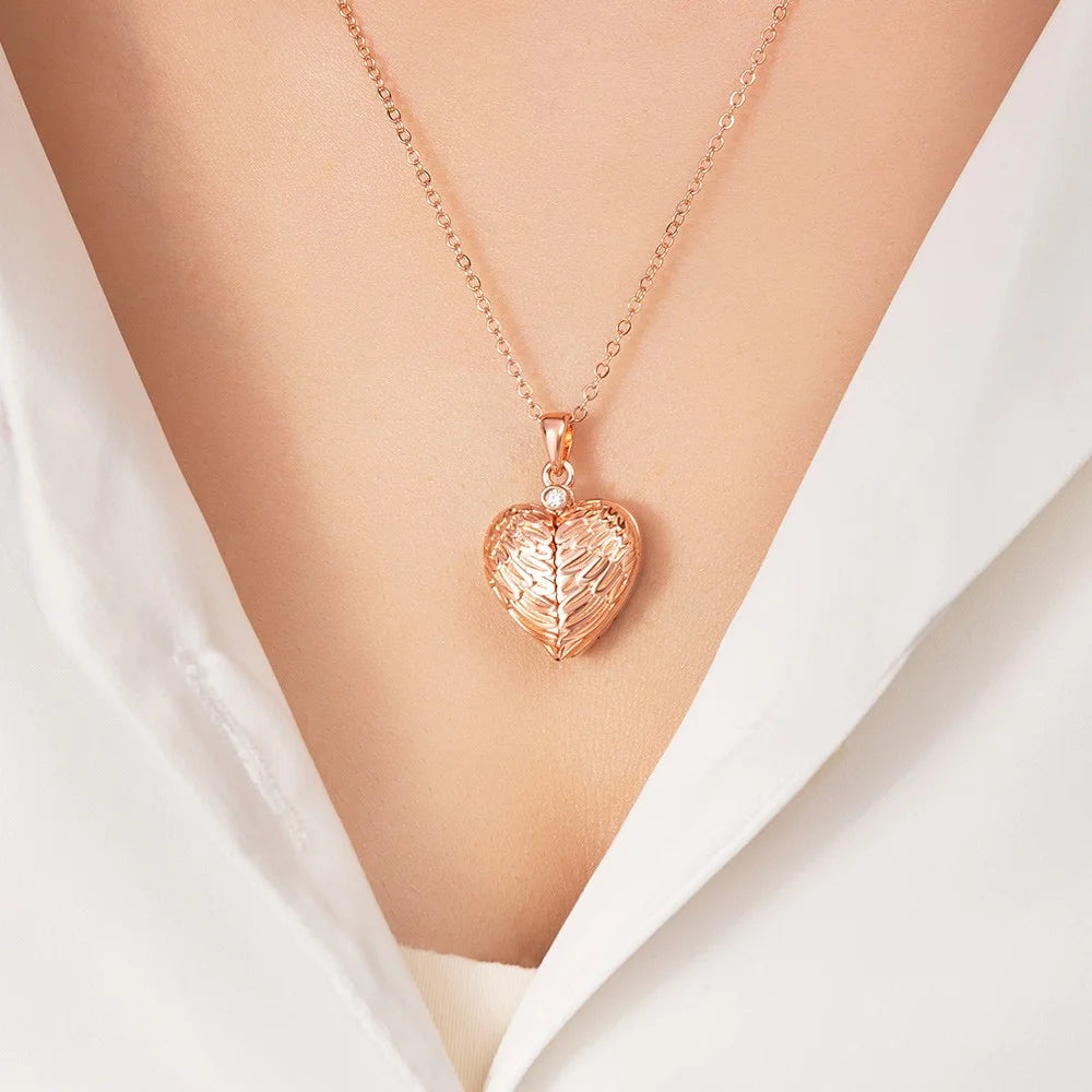 Engraved Angel Wings Photo Locket Urn Necklace