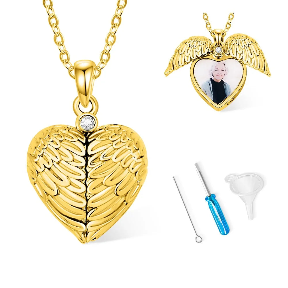 Engraved Angel Wings Photo Locket Urn Necklace