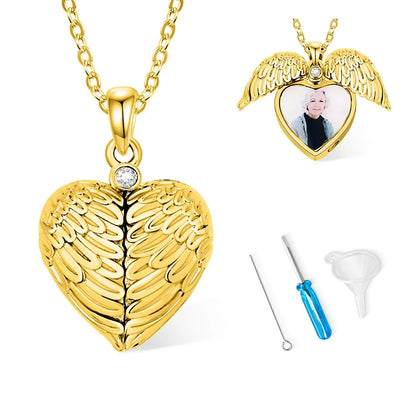 Engraved Angel Wings Photo Locket Urn Necklace