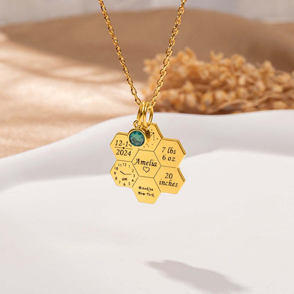 Engraved Baby Birth Stats Honeycomb Necklace