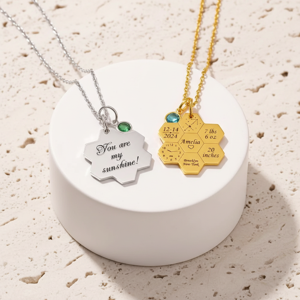 Engraved Baby Birth Stats Honeycomb Necklace