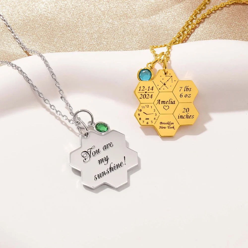 Engraved Baby Birth Stats Honeycomb Necklace