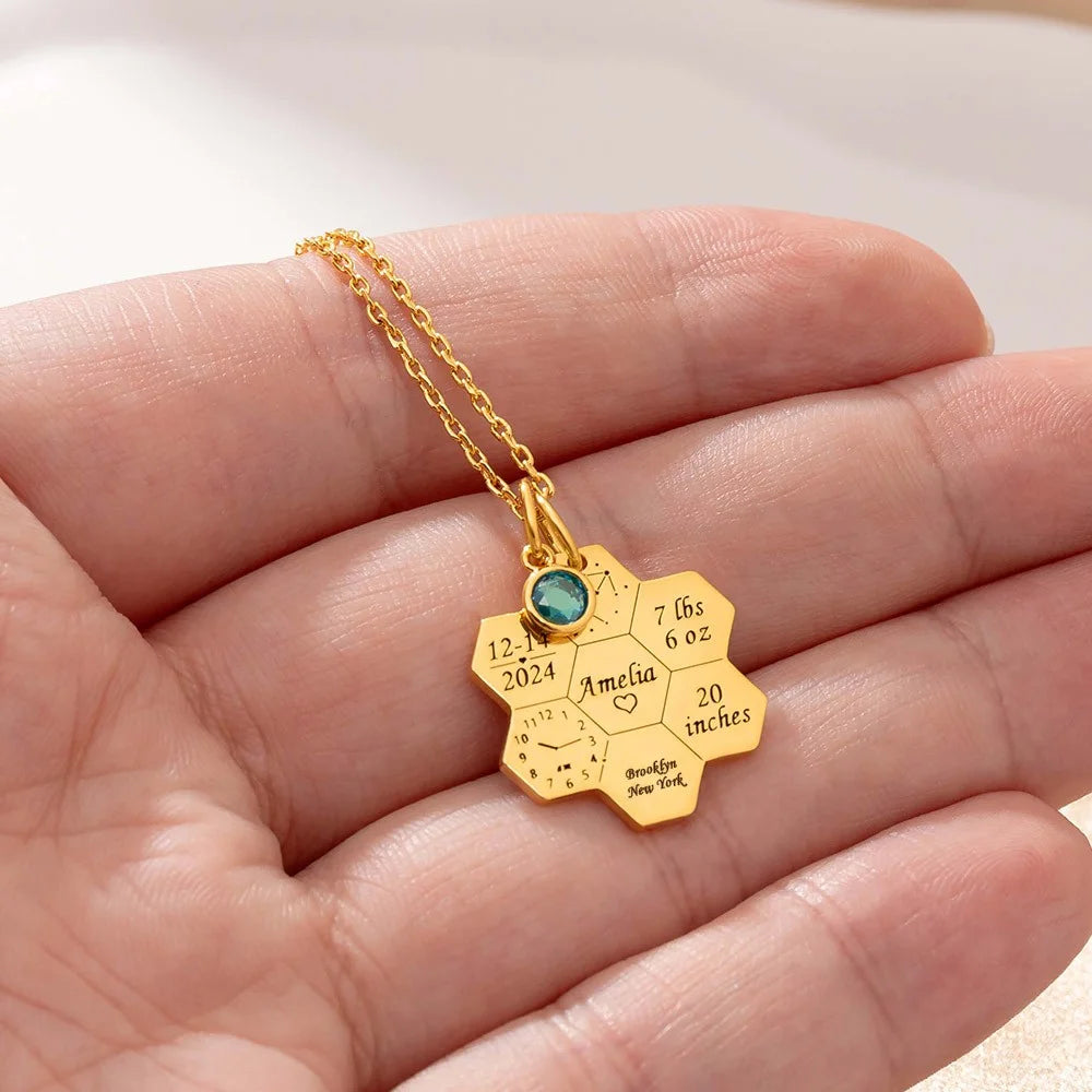 Engraved Baby Birth Stats Honeycomb Necklace