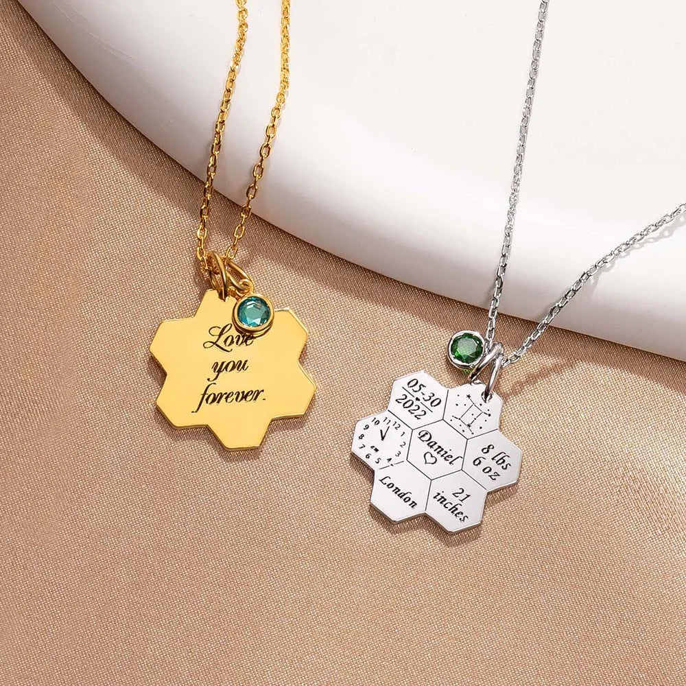 Engraved Baby Birth Stats Honeycomb Necklace