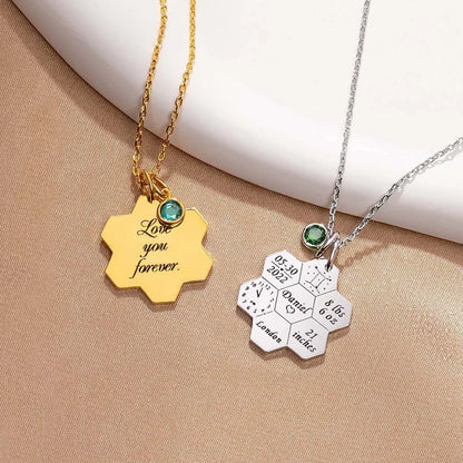 Engraved Baby Birth Stats Honeycomb Necklace