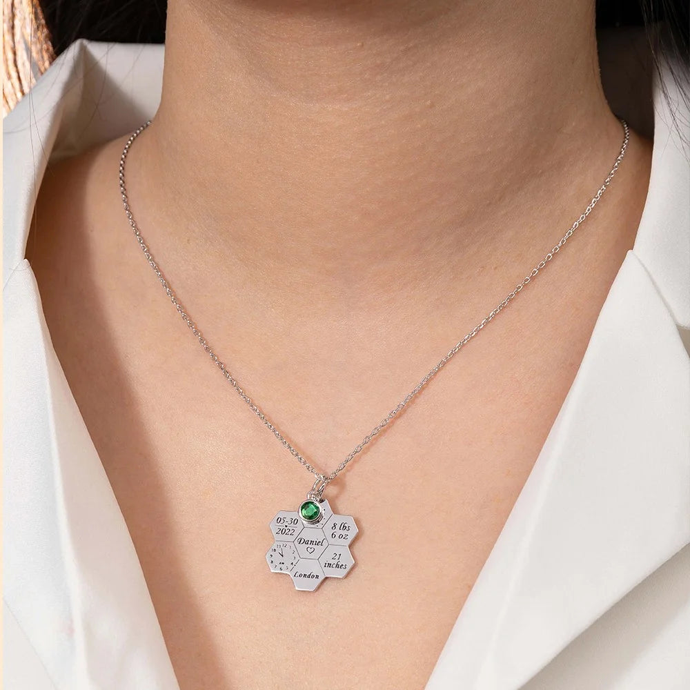 Engraved Baby Birth Stats Honeycomb Necklace