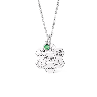 Engraved Baby Birth Stats Honeycomb Necklace