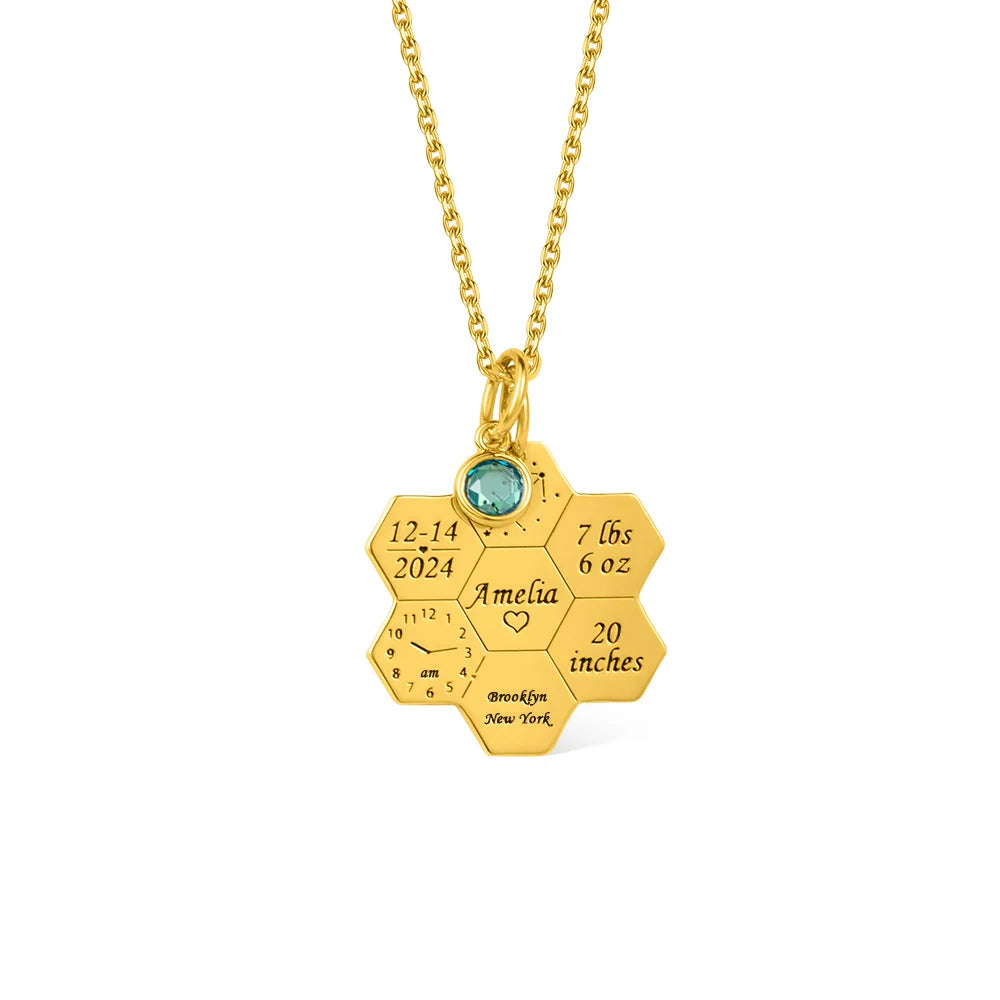 Engraved Baby Birth Stats Honeycomb Necklace