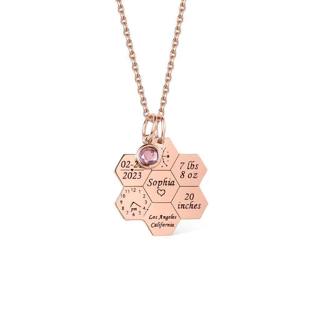 Engraved Baby Birth Stats Honeycomb Necklace