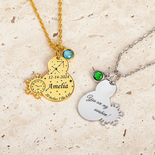 Custom Engraved Baby Birth Stats Snowman Necklace