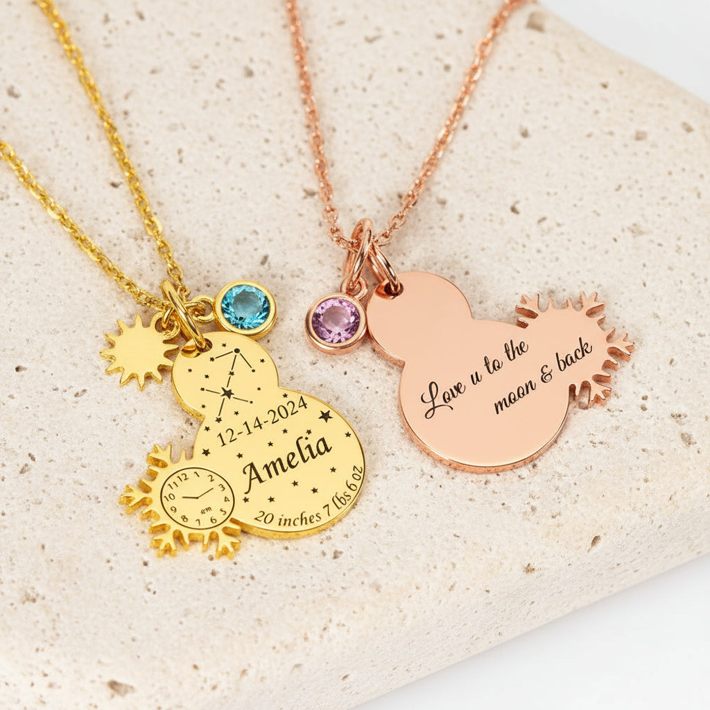 Custom Engraved Baby Birth Stats Snowman Necklace