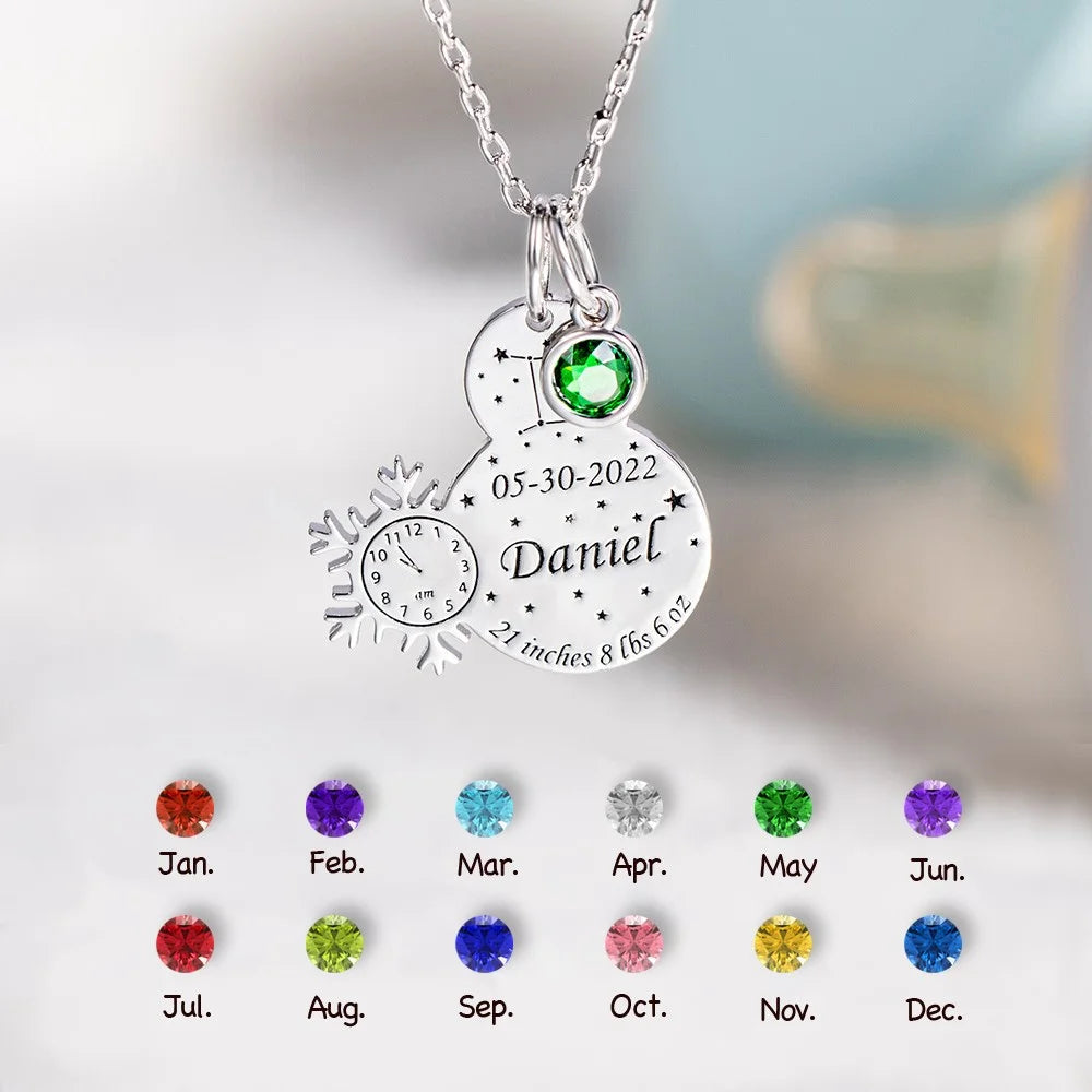 Custom Engraved Baby Birth Stats Snowman Necklace