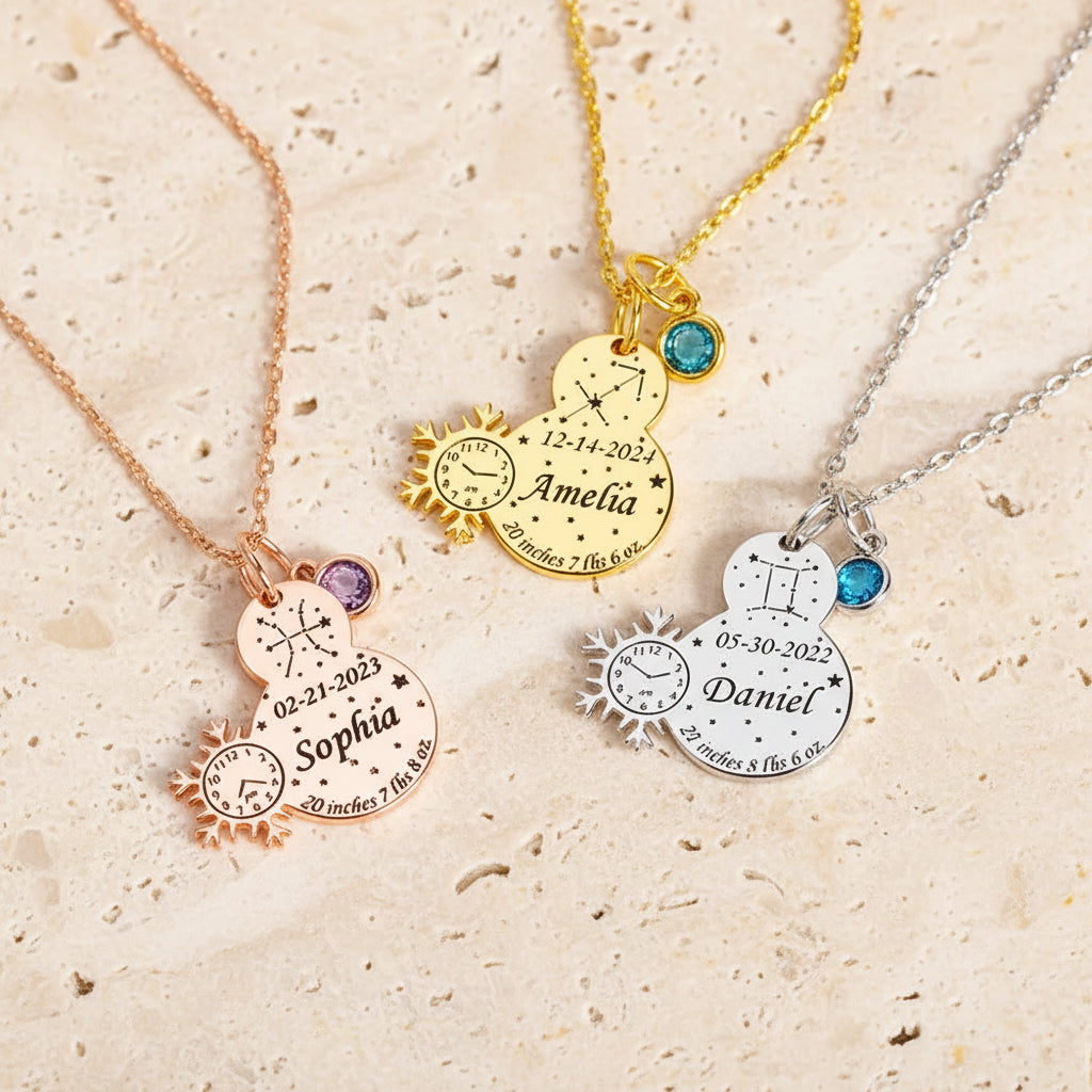 Custom Engraved Baby Birth Stats Snowman Necklace
