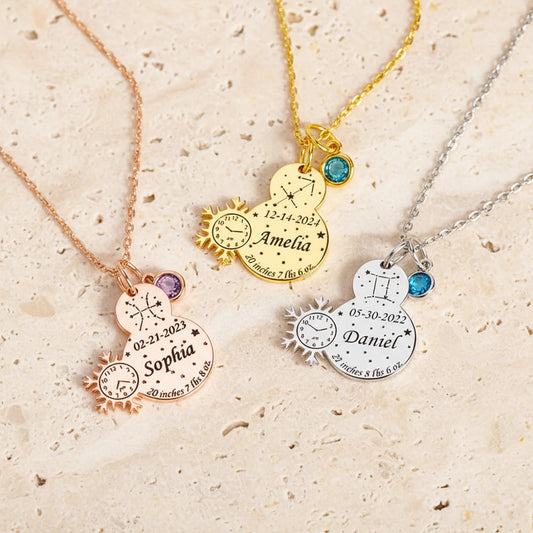Custom Engraved Baby Birth Stats Snowman Necklace