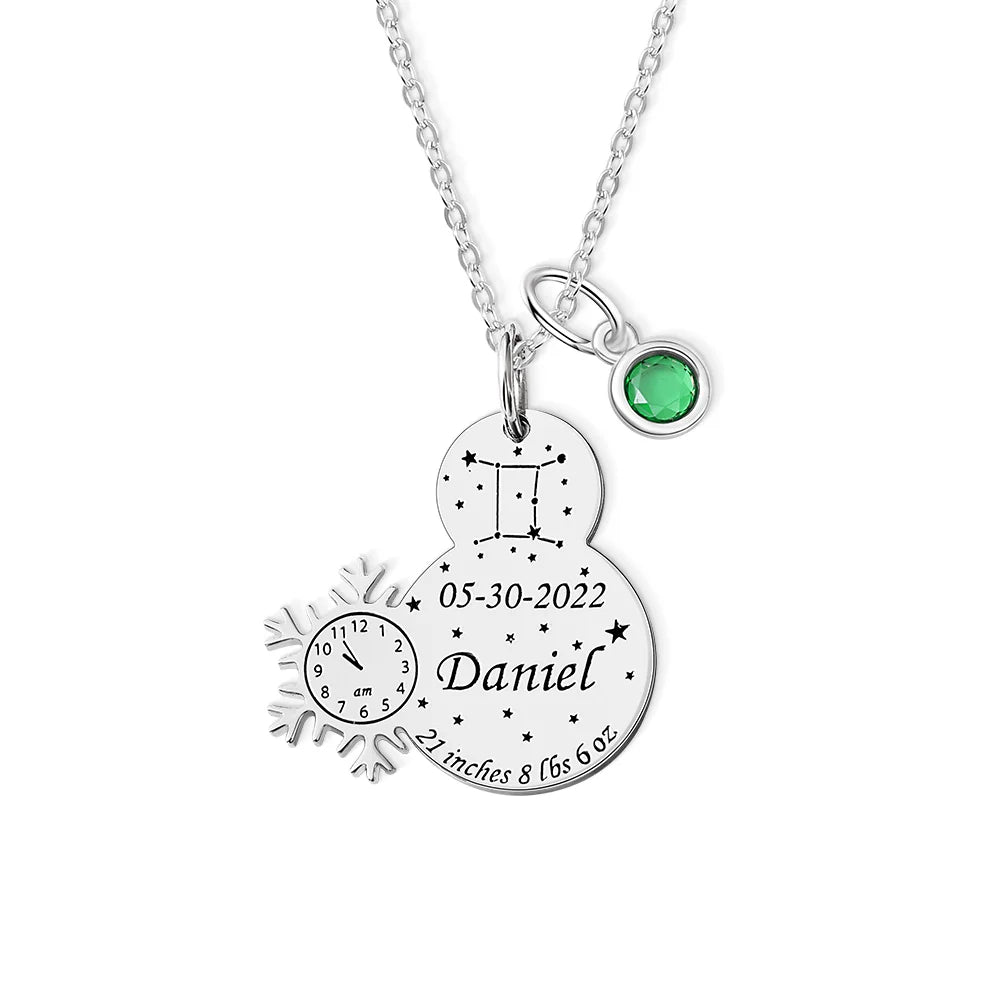 Custom Engraved Baby Birth Stats Snowman Necklace
