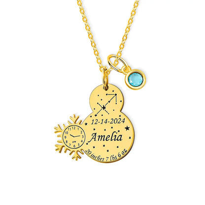 Custom Engraved Baby Birth Stats Snowman Necklace