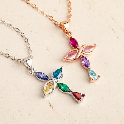 Custom 5 Family Birthstones Infinity Cross Necklace