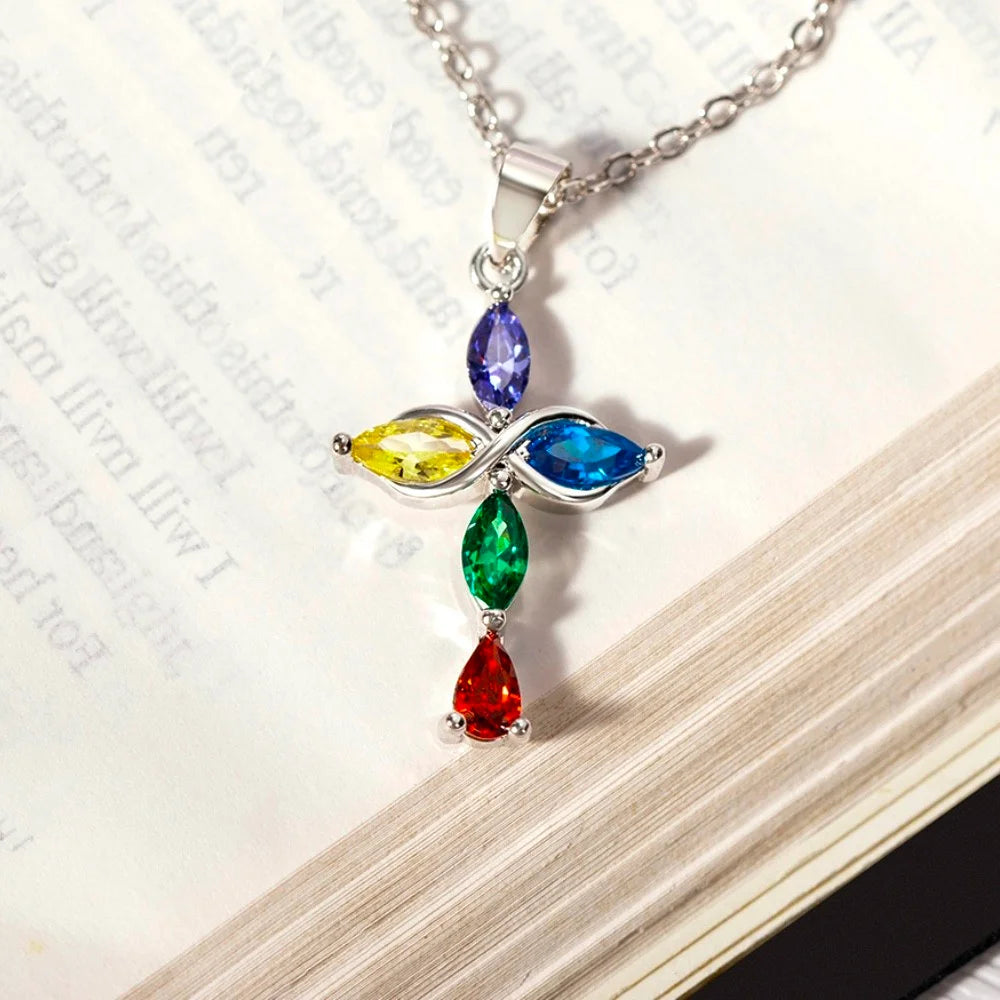 Custom 5 Family Birthstones Infinity Cross Necklace