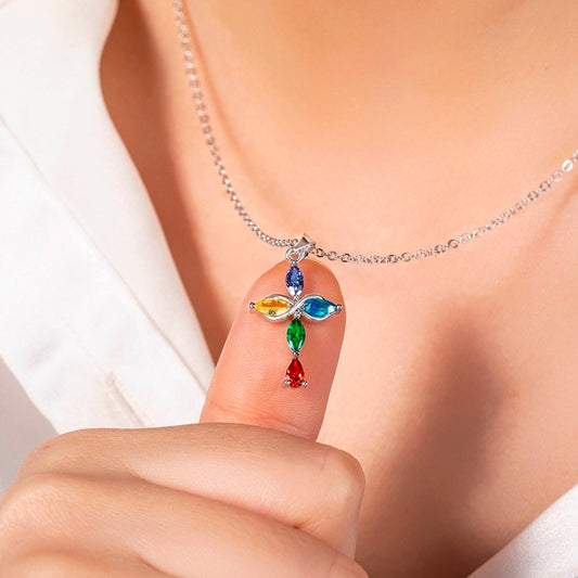 Custom 5 Family Birthstones Infinity Cross Necklace