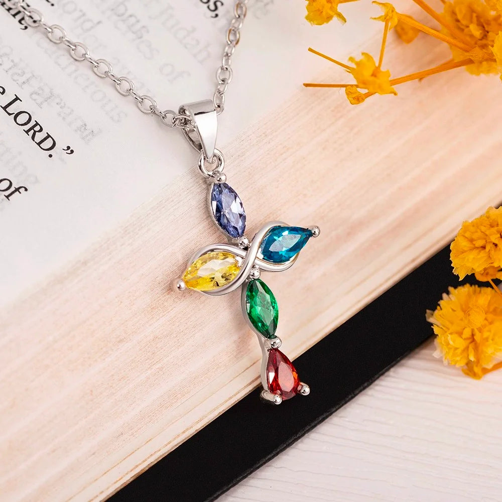 Custom 5 Family Birthstones Infinity Cross Necklace