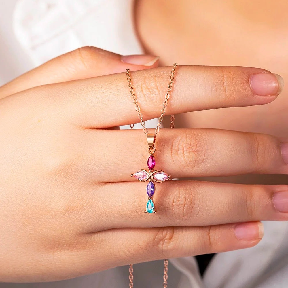 Custom 5 Family Birthstones Infinity Cross Necklace