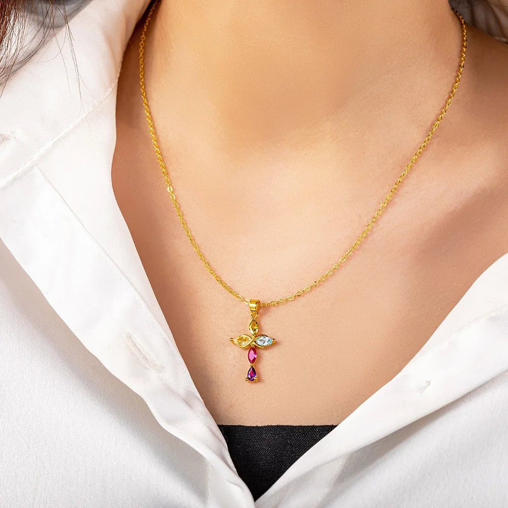 Custom 5 Family Birthstones Infinity Cross Necklace