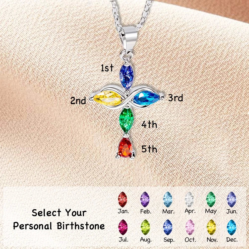 Custom 5 Family Birthstones Infinity Cross Necklace