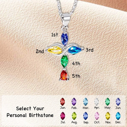Custom 5 Family Birthstones Infinity Cross Necklace