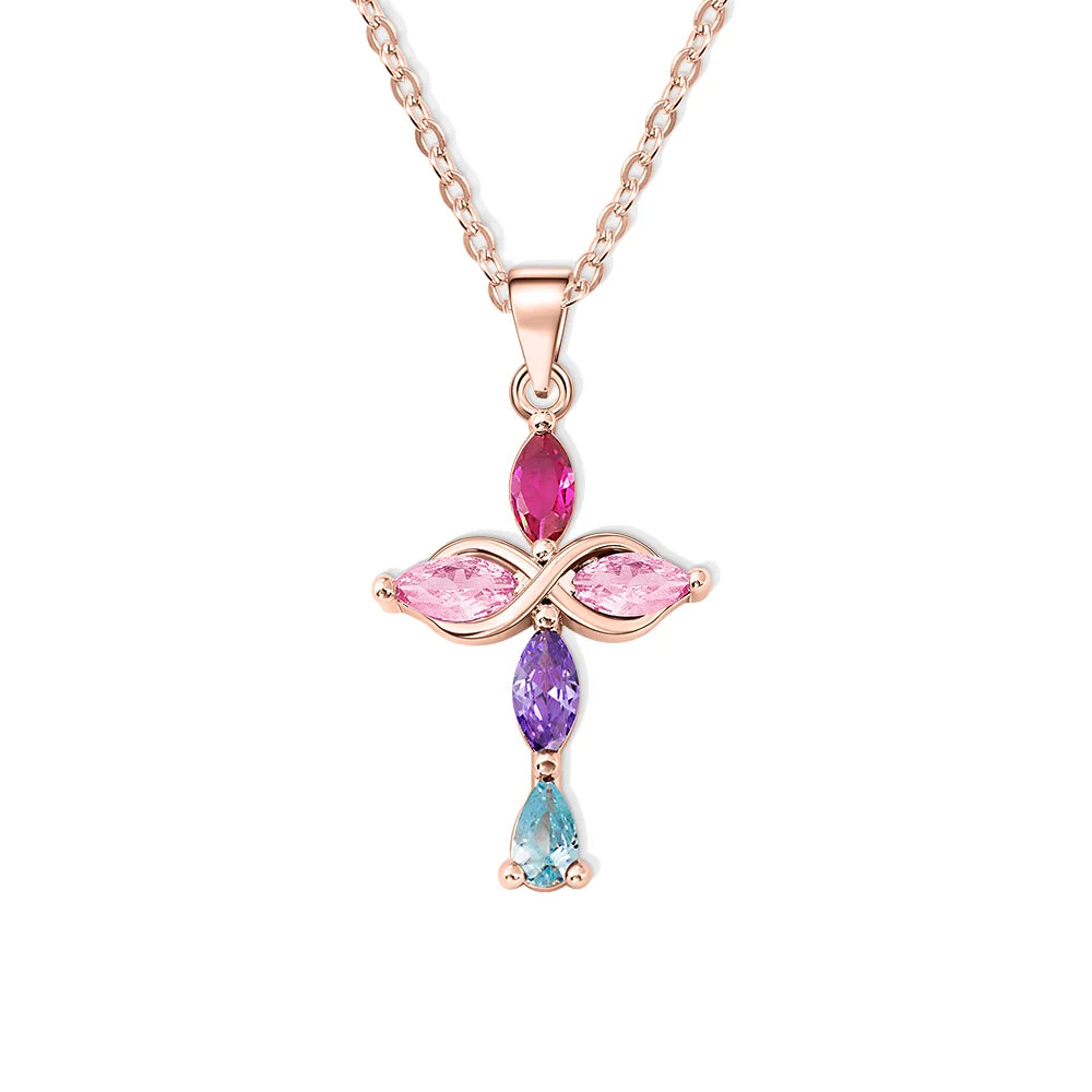 Custom 5 Family Birthstones Infinity Cross Necklace