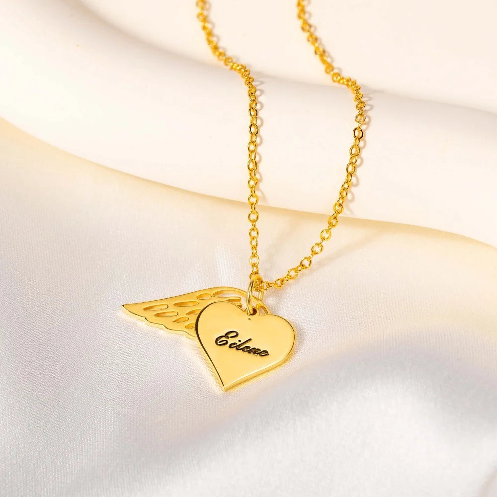 Custom Name Heart Necklace with Angel Wing