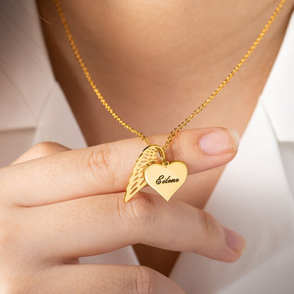 Custom Name Heart Necklace with Angel Wing